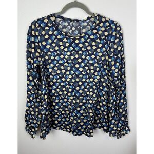 0039 Italy Size XS Pullover Top Long Sleeve Blouse Silk Blue‎ Ivory